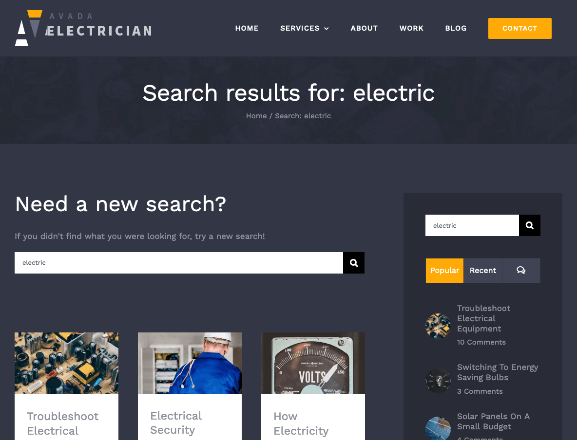 Screenshot of search in a custom theme