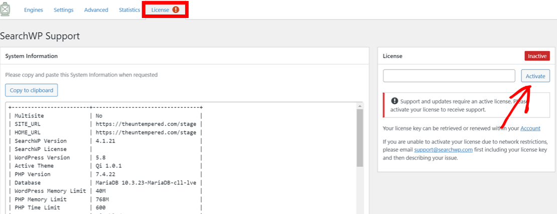 Activate SearchWP license