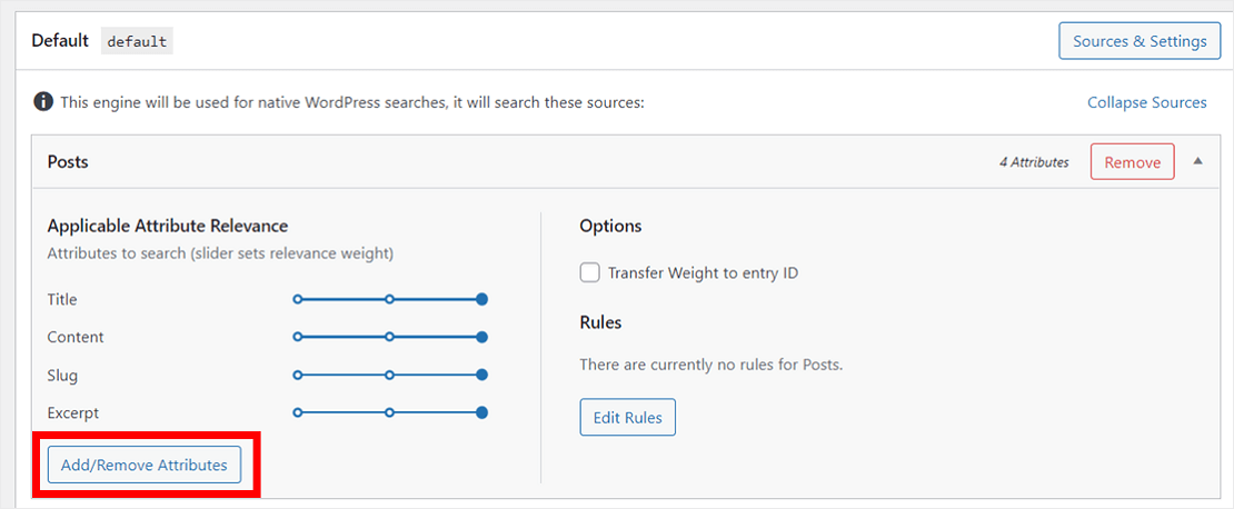 Add or remove attributes from SearchWP search engine sources