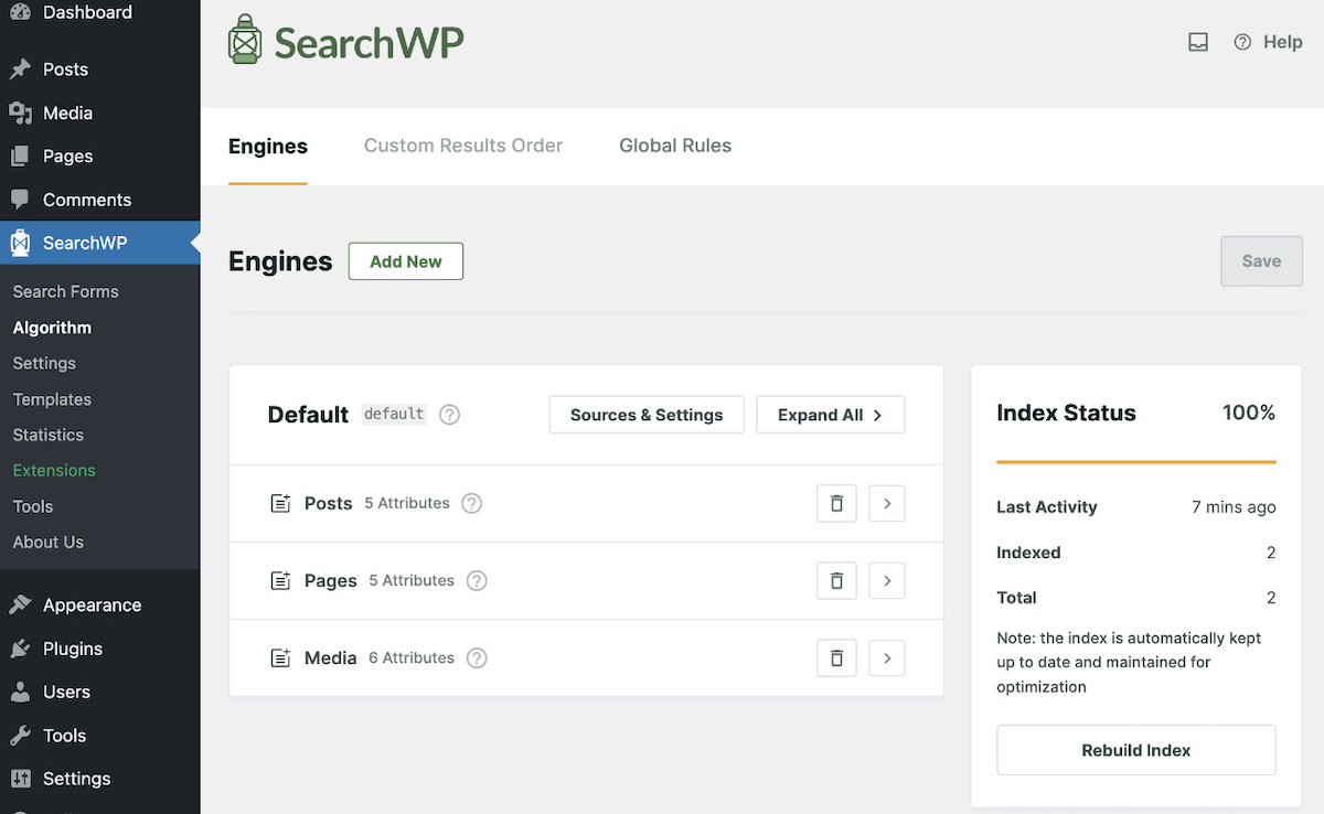 SearchWP engine index status