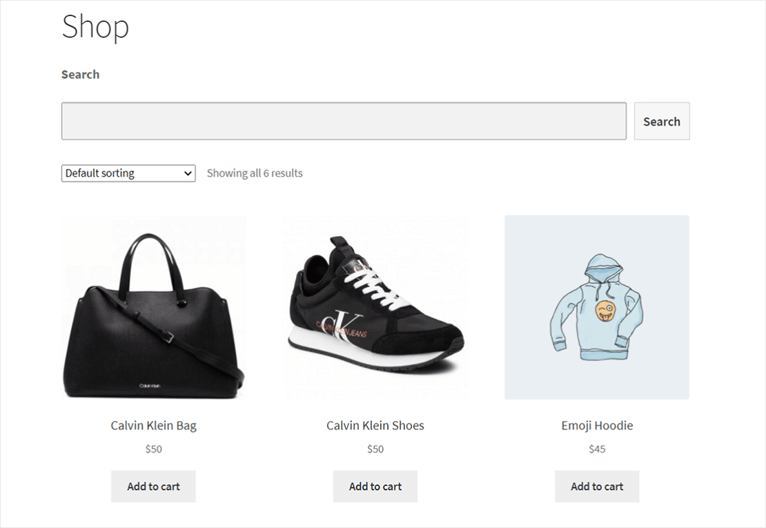 Search form at the top of WooCommerce shop page