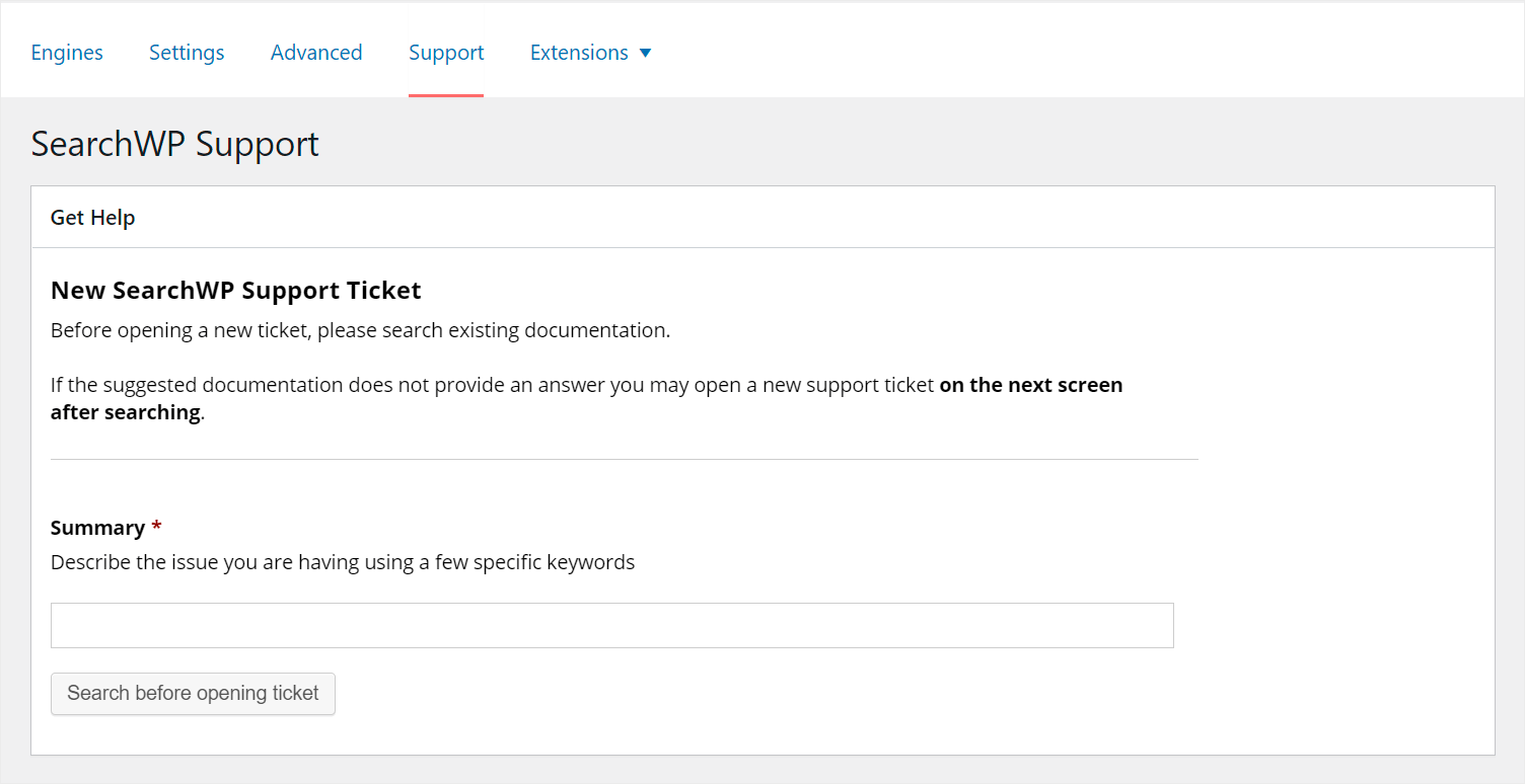 SearchWP has a ticket system