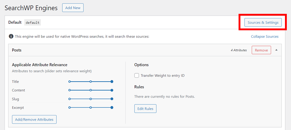 SearchWP search engine sources and settings