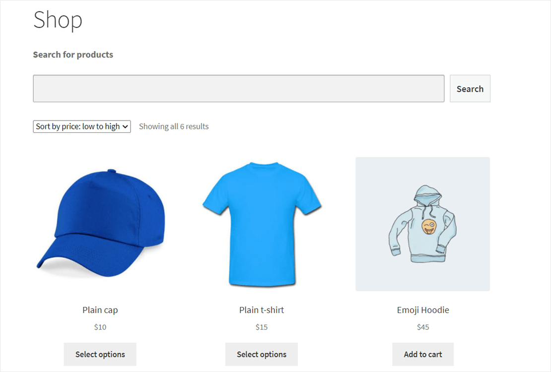 WooCommerce product search form on shop page