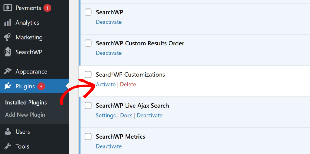 Activate SearchWP customizations plugin