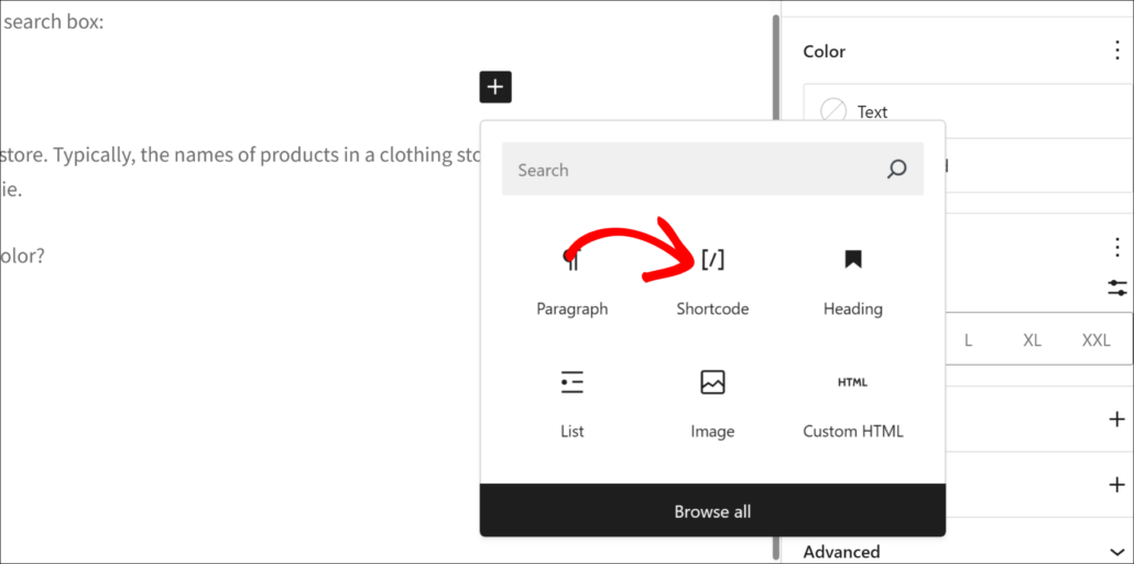 Add a shortcode block for search form