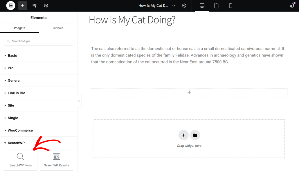 Add search form block in Elementor