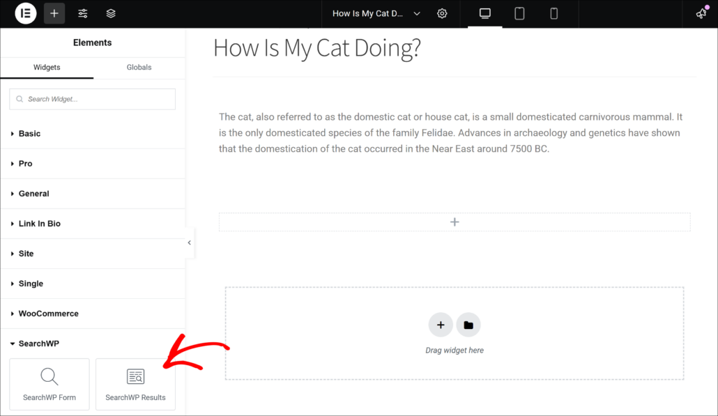 Add search results block in Elementor