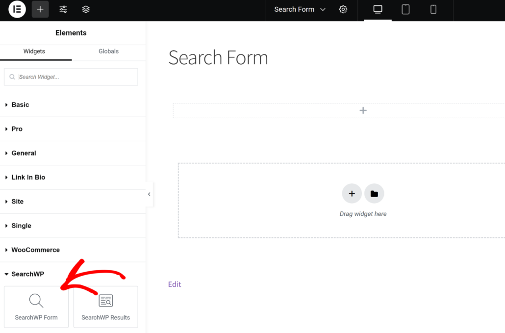Add SearchWP form block in elementor