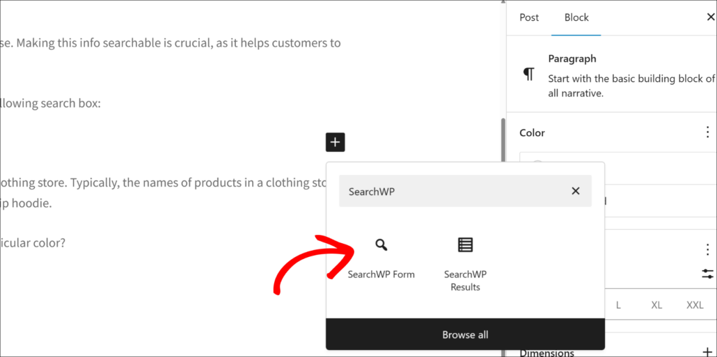 Add SearchWP forms block to add a search box