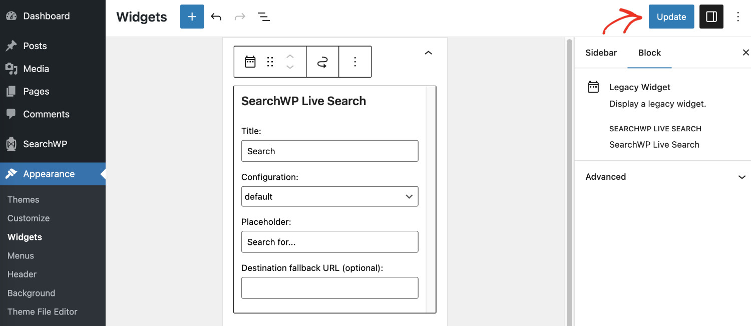 How To Add Live Autocomplete Search To WordPress Sites: Adding SearchWP Ajax Live Search To Sidebar Step 3