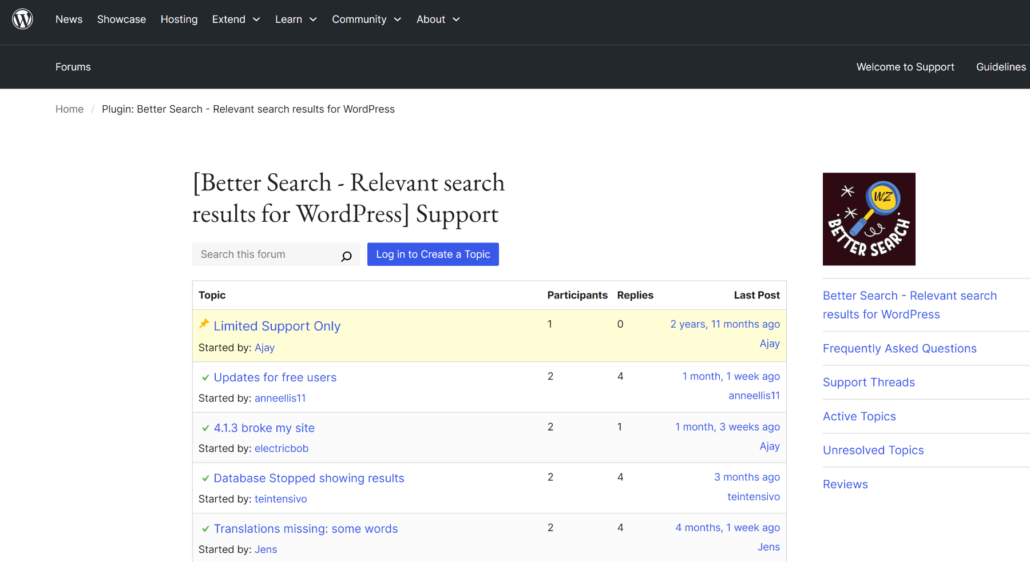 Better Search support forum