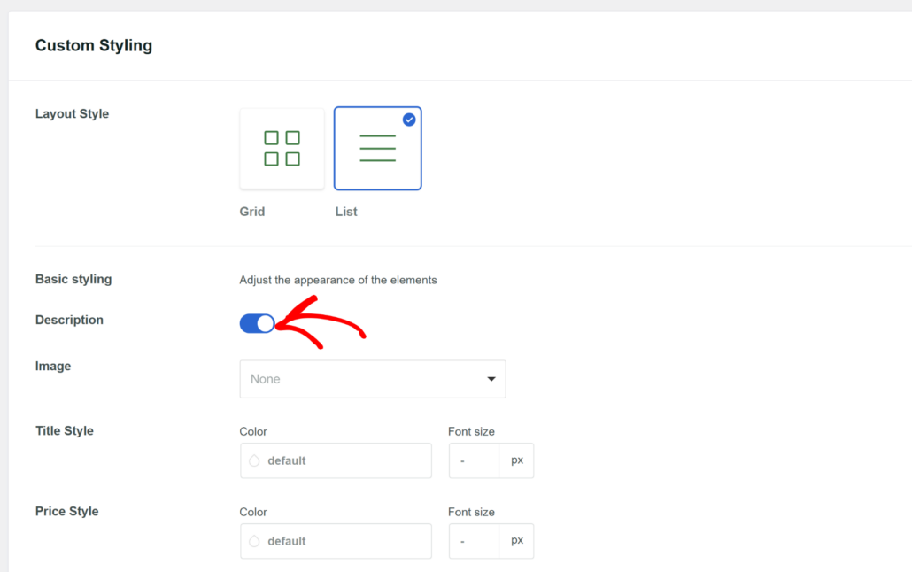 Change custom styling options