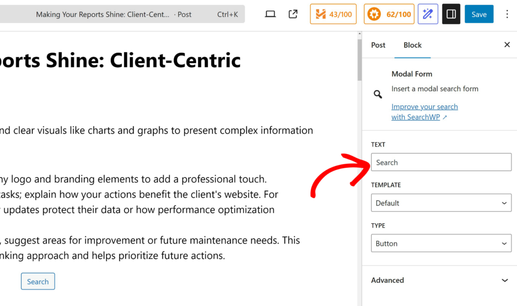 Change modal form block settings