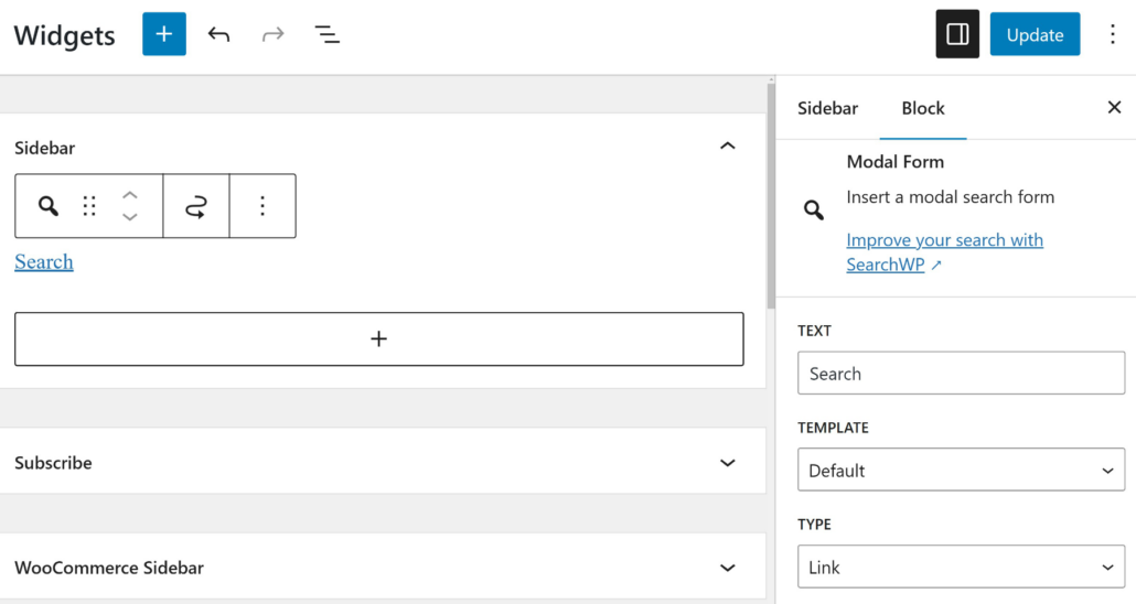 Change modal form widget block settings