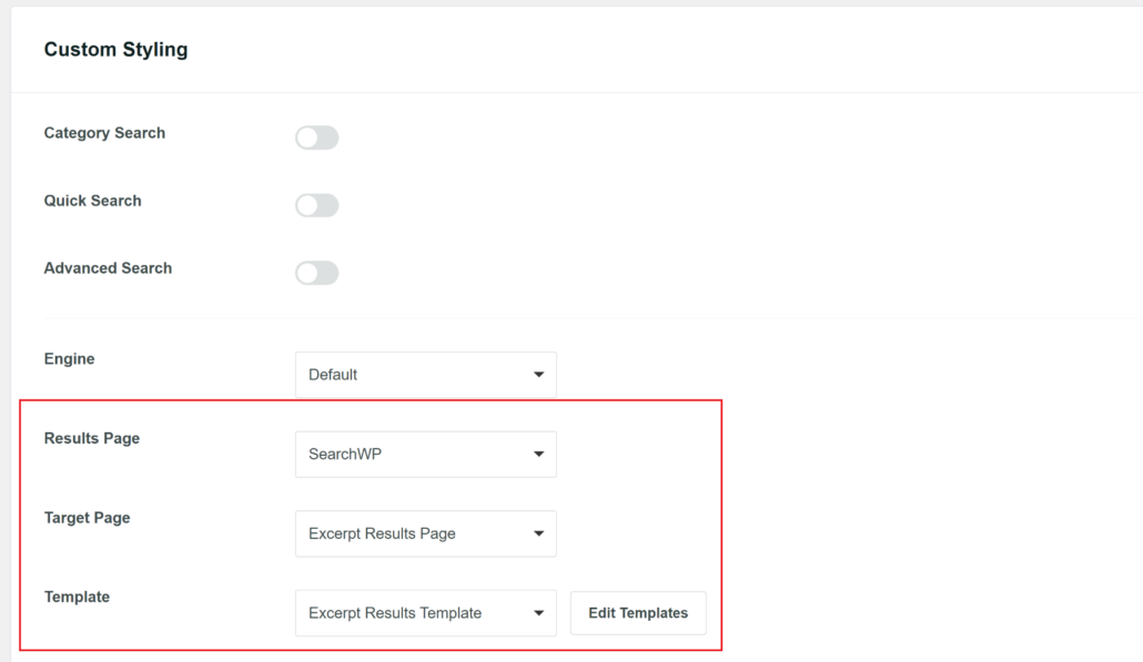 Change template and results page options