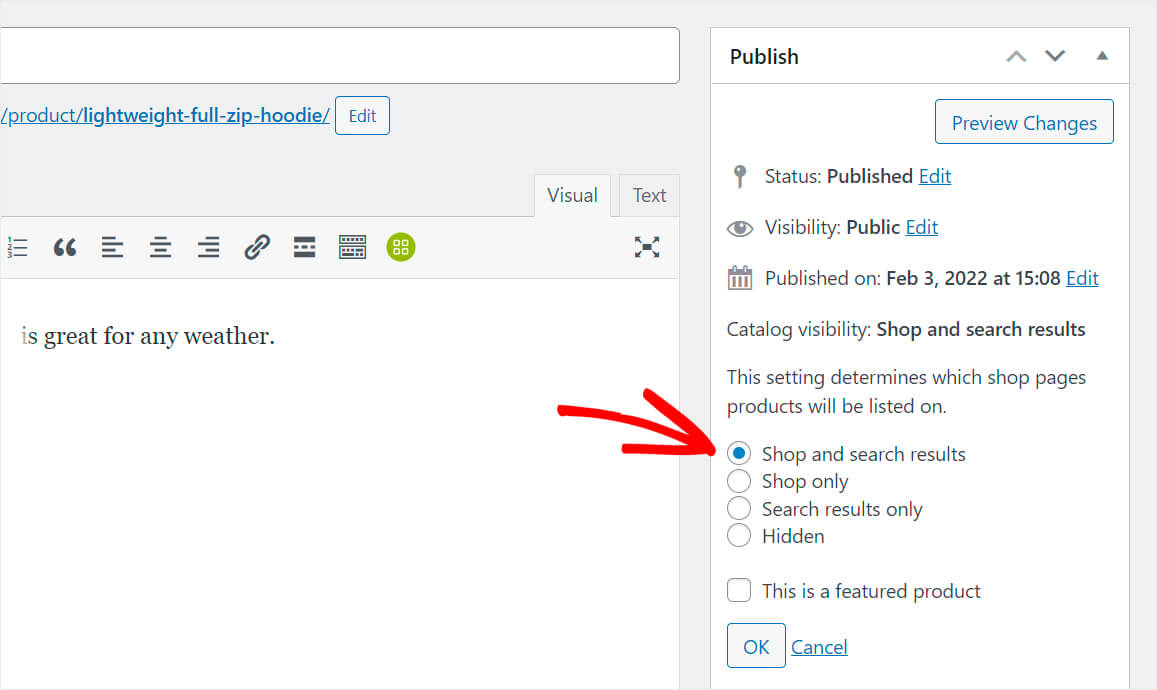 change the product search visibility