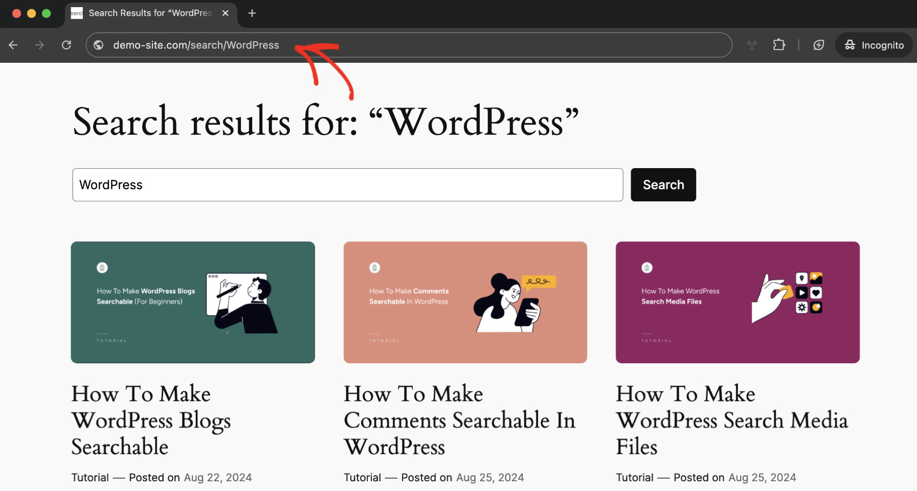 How To Change The Default Search URL In WordPress: Changed URL in action. 