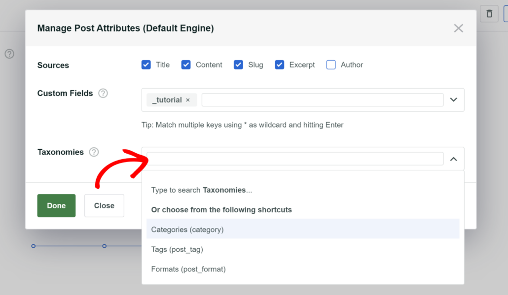 Choose post taxonomies to consider