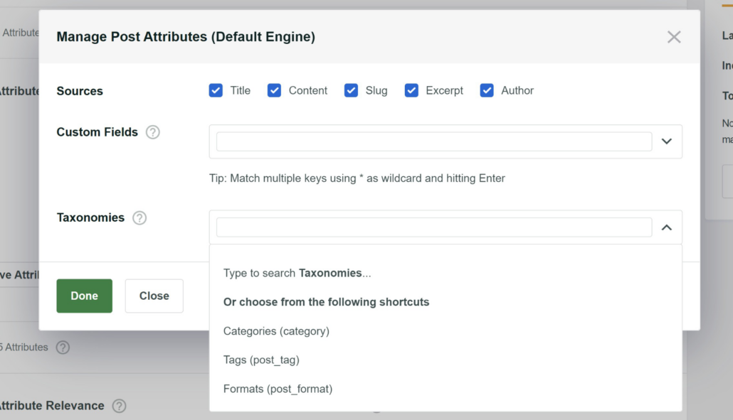 Choose taxonomies for search engine