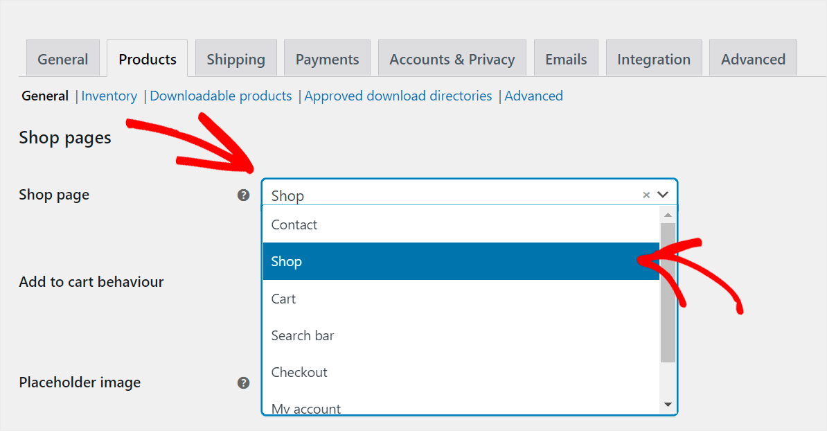 choose the Shop page from the drop-down menu