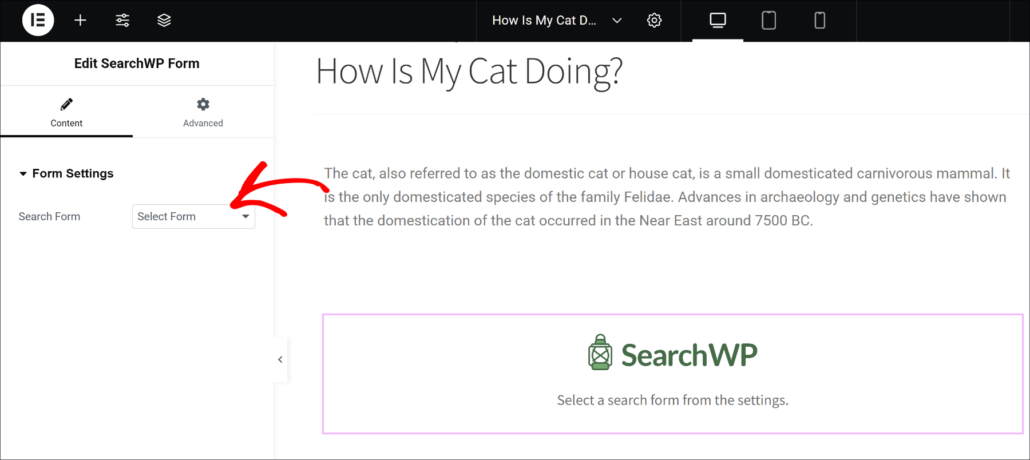 Choose your search form in elementor