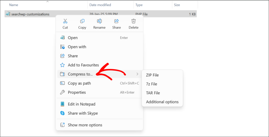 Compress SearchWP customizations file to zip