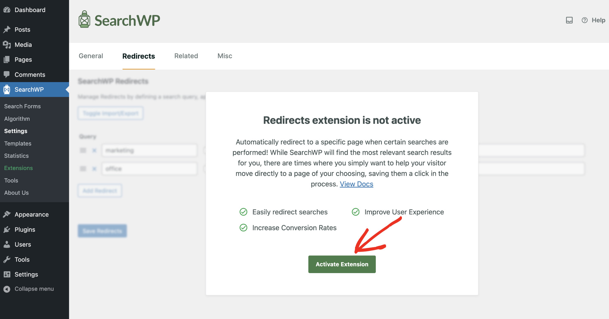 How to redirect search results in WordPress: Configuring Redirect with SearchWP Step 2