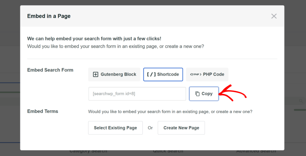 Copy the shortcode for search form