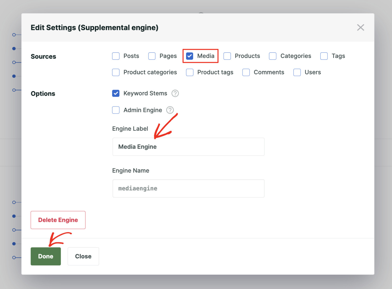 How to make WordPress search media files: Configure Engine Step 2