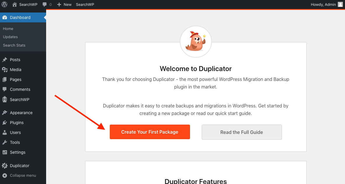 Duplicator Create New Package