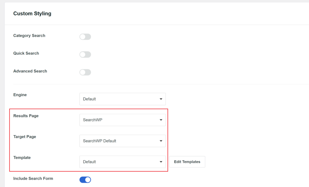 Edit template settings for form