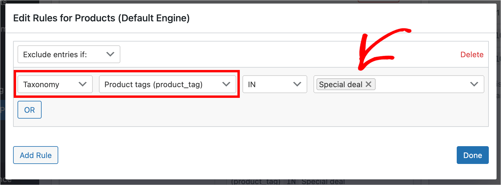 automatically exclude WooCommerce products from search by a rule