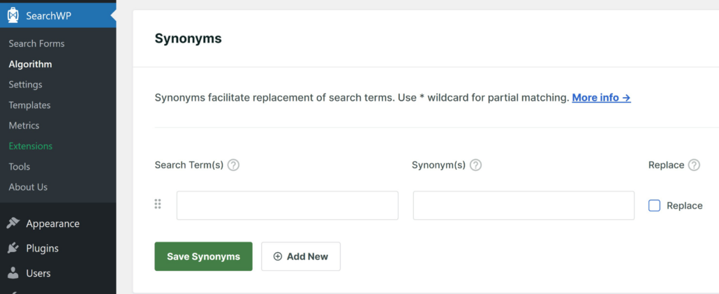 Enter synonyms for search terms