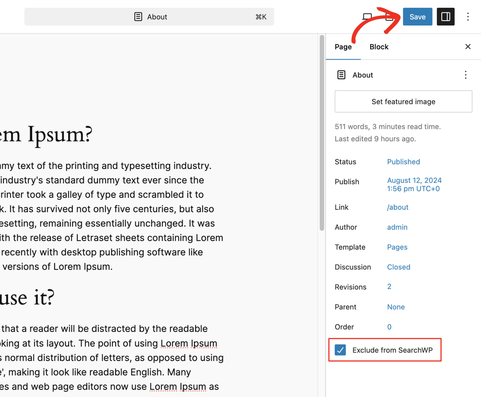 How to Exclude Pages from Site Search Results in WordPress: Exclude Specific Page Step 3 