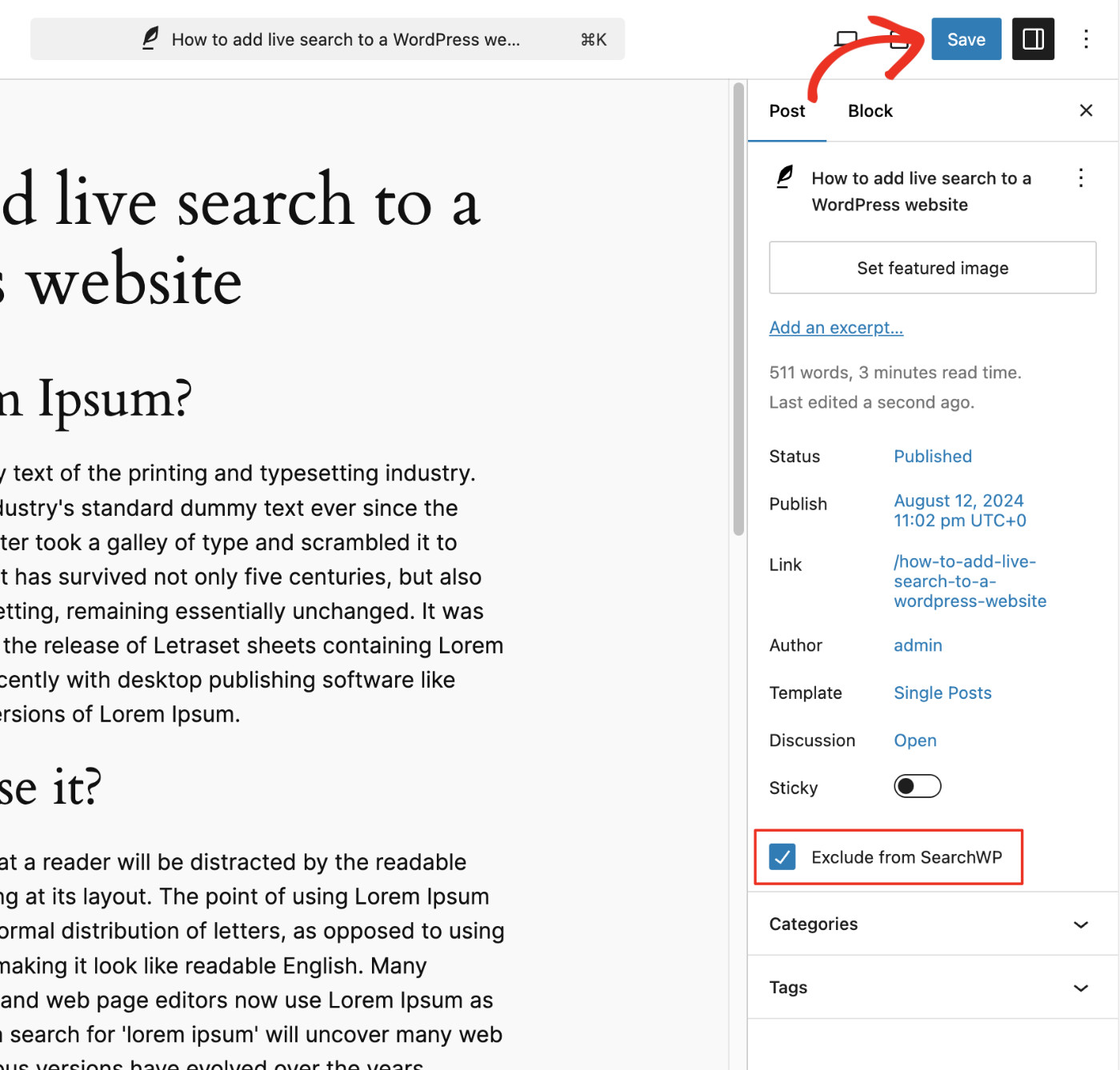 How to Exclude Pages from Site Search Results in WordPress: Exclude Specific Post Step 3