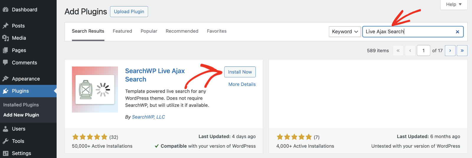 How To Add Live Search To WordPress For Free: Install Live Ajax Search Step 2