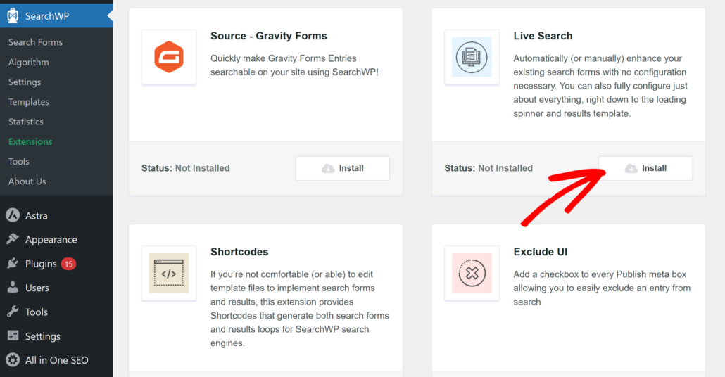 Install live search extension