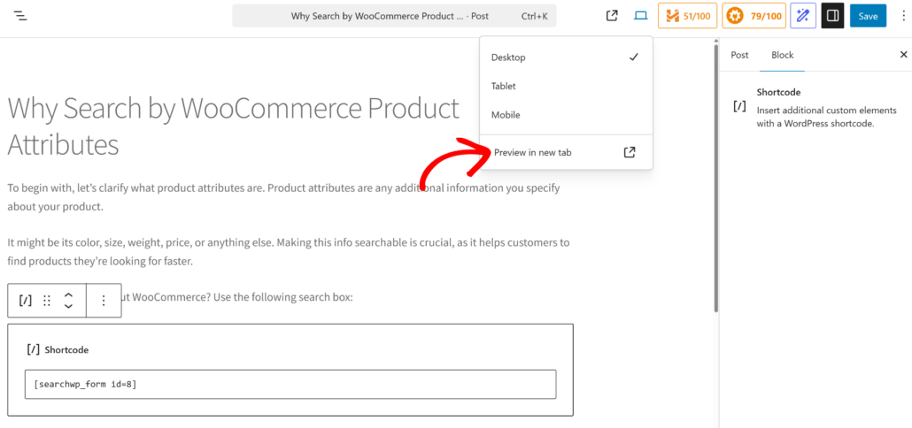 Preview your post with search box