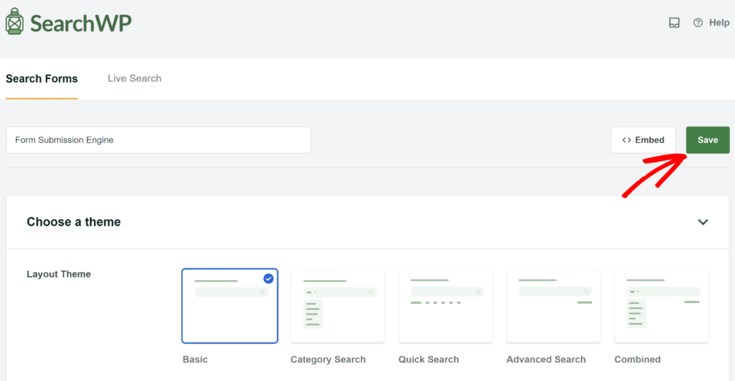 Save and embed new search form
