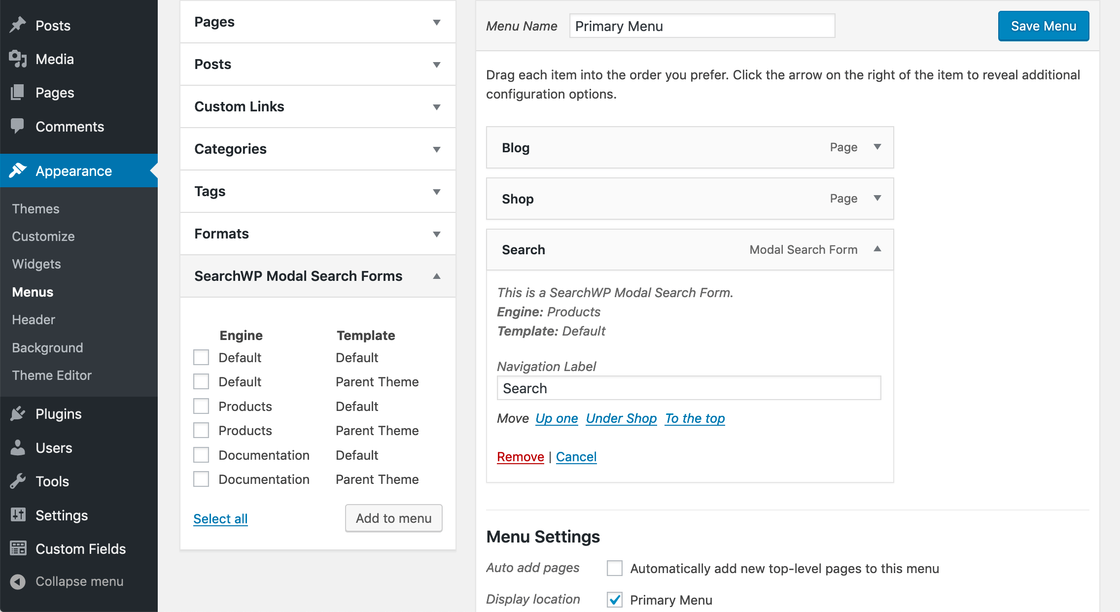 Screenshot of SearchWP Modal Form's Menu customization options
