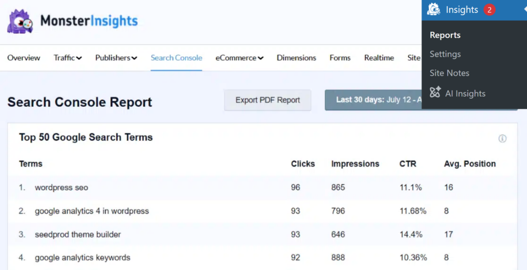 Search console report MonsterInsights