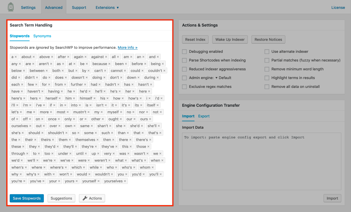 Screenshot of Stopword management in SearchWP