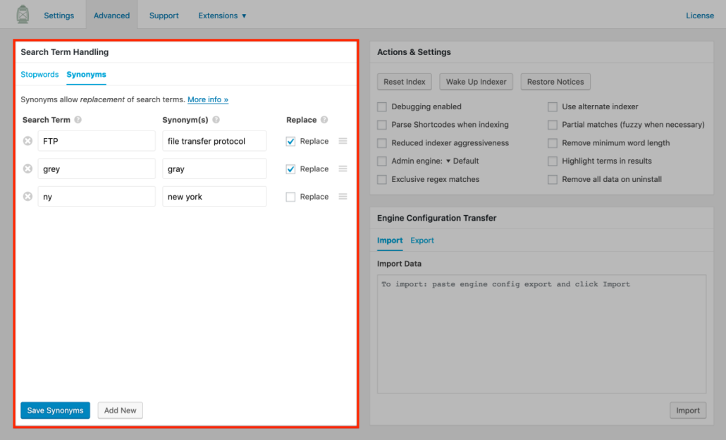 Screenshot of synonym management in SearchWP