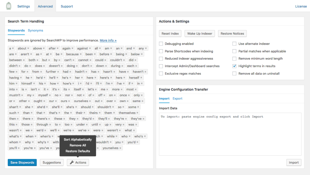 Screenshot of Stopwords Actions