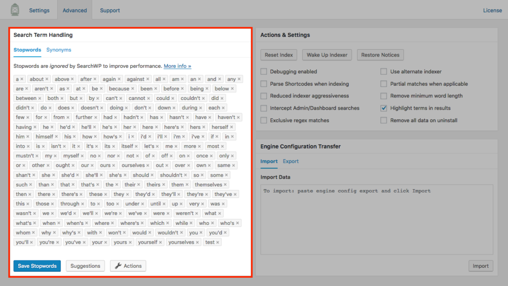 Screenshot of Stopword management in SearchWP