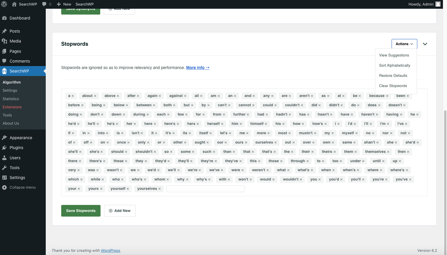 Screenshot of SearchWP's Stopwords UI