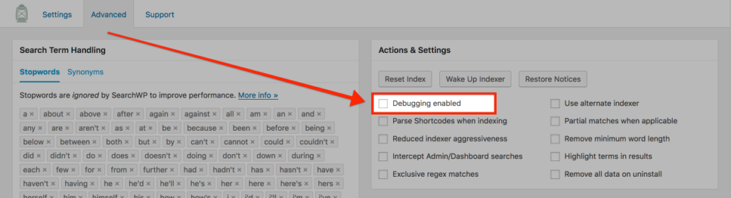 Screenshot highlighting debugging toggle in SearchWP