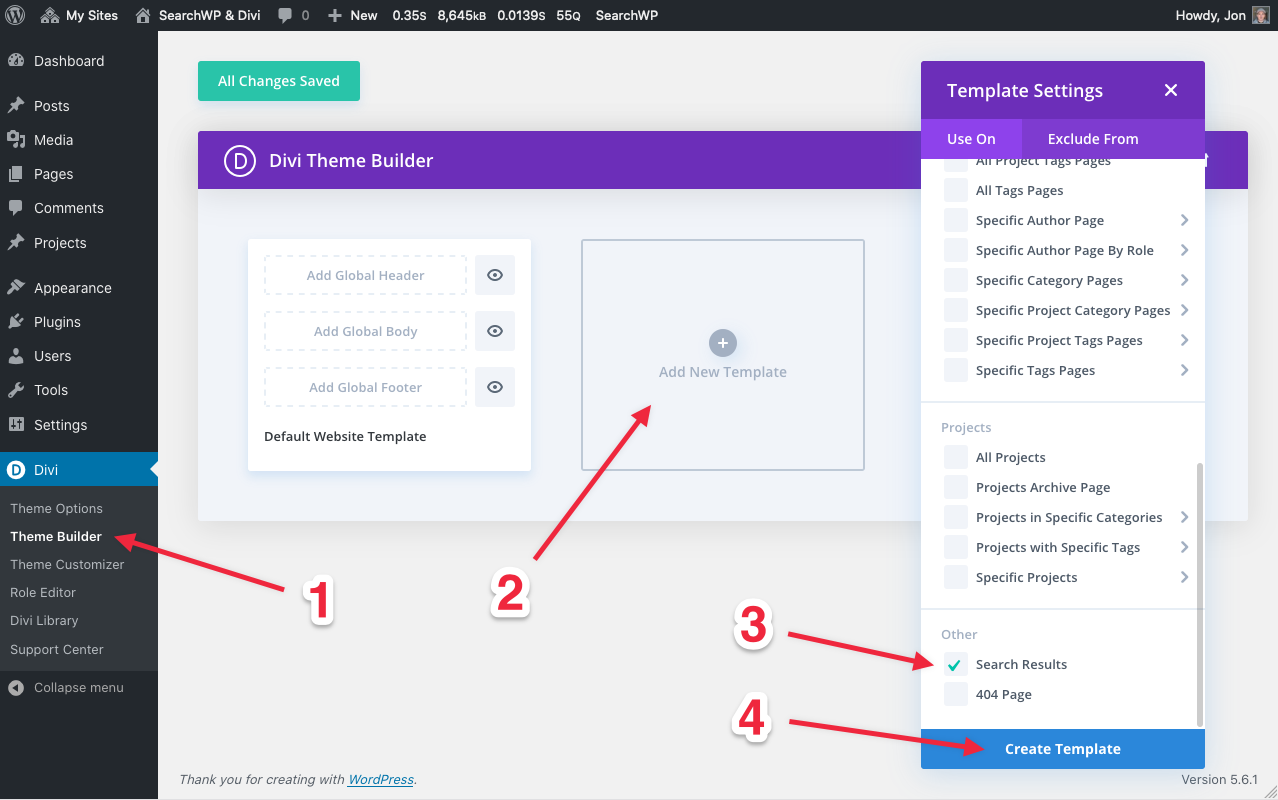 Screenshot of creating search results template in Divi