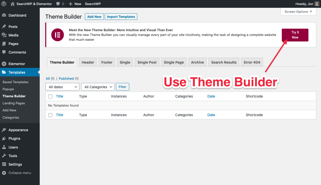 Screenshot of Elementor Theme Builder button